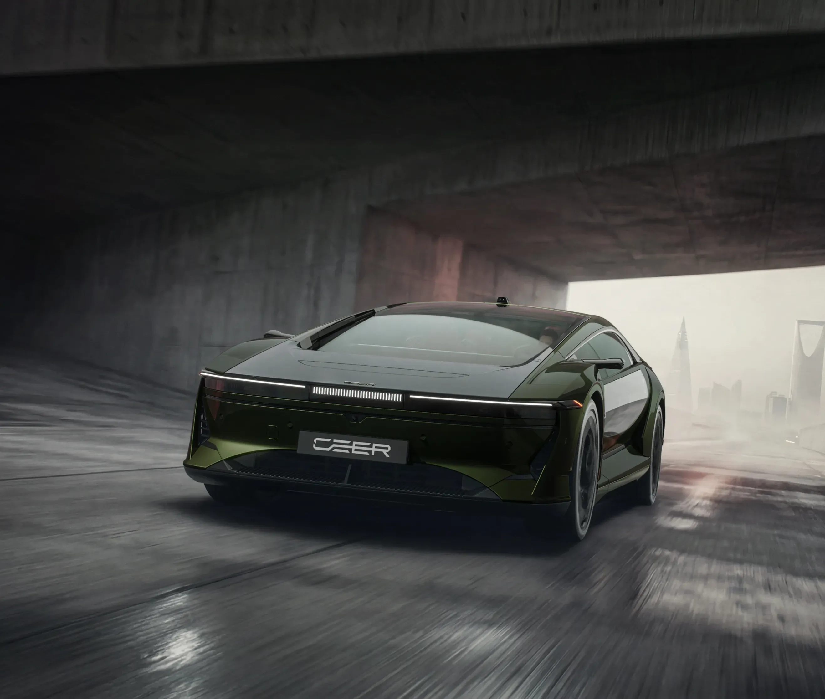 CEER EXOBOT electric sedan photographed from the front at speed